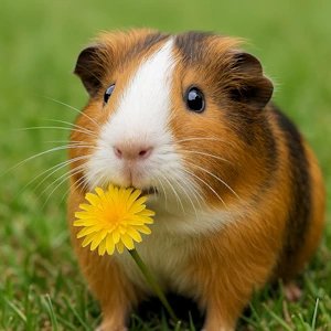 Meerschweinchen auf der Wiese mit einer Löwenzahnblüte im Maul